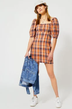 Jurken<America Today Jurk Dora Check|Orange/blue